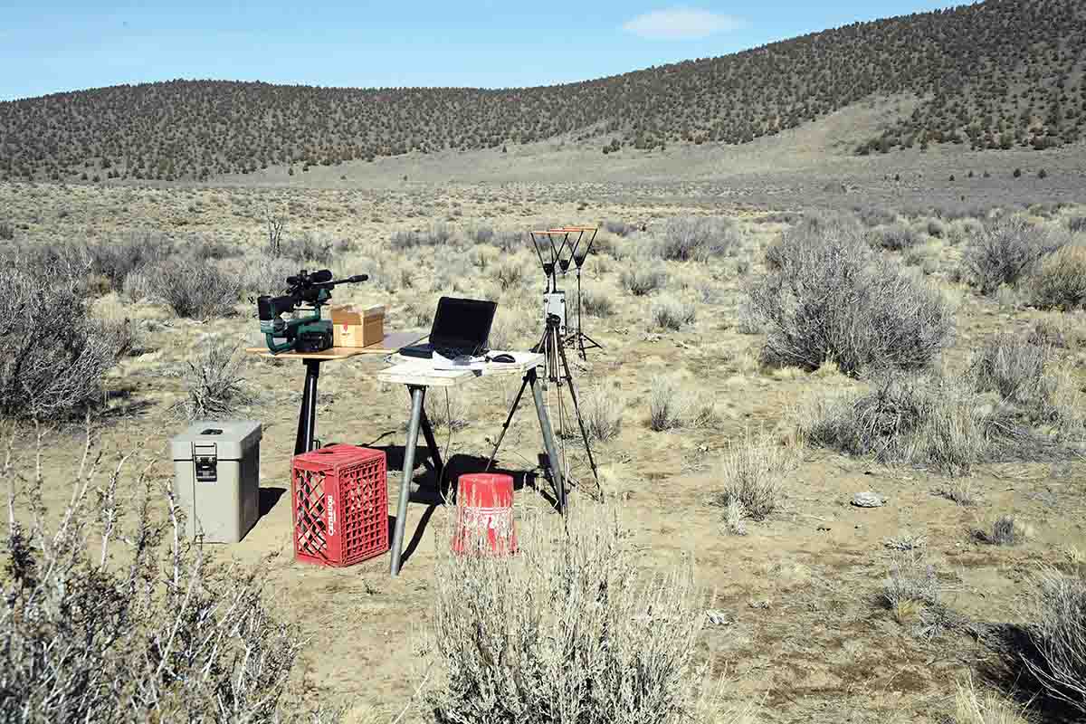 The System 89 equipment is minimal at the firing point. Aside from a normal chronograph setup, there is a computer and a radio with an antenna on a tripod.